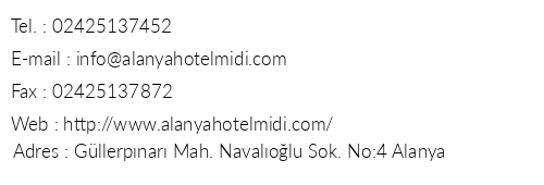 Alanya Hotel Midi telefon numaralar, faks, e-mail, posta adresi ve iletiim bilgileri